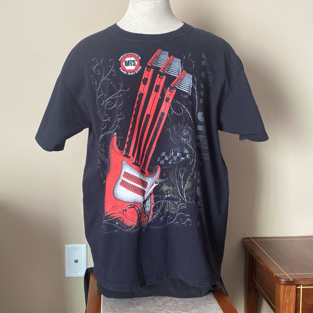 Men’s Vintage Black Mechanic Guitar Short Sleeve T-shirt XL